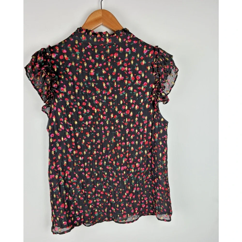 J.Crew Women’s Small Black Floral Metallic Gold Ruffle Sleeve Blouse Feminine